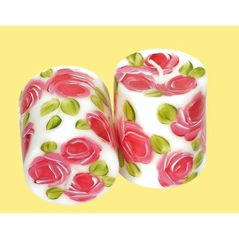 Romantic Decorative Artist Hand Painted Pink Rose Flower Decorated 2 3/4 Inch High Short White Pillar Candles Set of Two Shabby Chic Decor