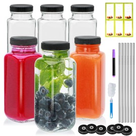 Maredash 8oz Glass Bottles with lids,juice bottles gifts for women,8oz Glass Jars with LIds,glass water bottles. Kit includes Stainless Steels Straws,Two Types of lids,Cleaning Brush 6pcs