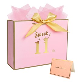 12.6” Sweet 11 Birthday Gift Bag 11th Paper Gift Bag for Presents(Pink)