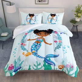 AILONEN Mermaid Tail Comforter Set Queen Size, Cute Black Girl Mermaid Pattern with Ocean Life Bedding Set 3Pcs for Kids Girls Bedroom All Season,1 Quilt and 3 Pillowcases,Microfiber Comfortable