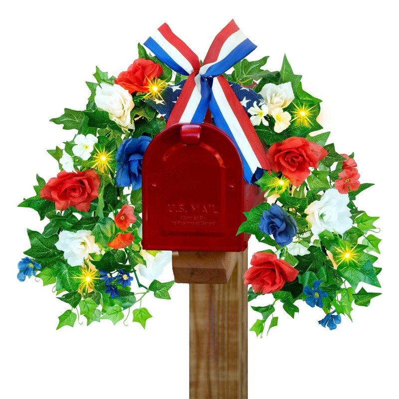 HOSY Pre-lit Mailbox Swag with Solar Powered LED Lights, Red