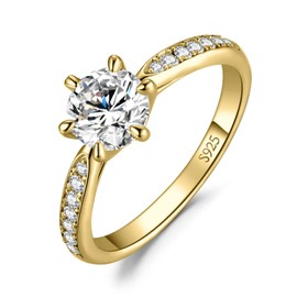 JewelryPalace Classic 1ct Cubic Zirconia Solitaire Engagement Rings for Women, 925 Sterling Silver 14K Yellow Gold Plated Promise Ring for Her, Round Cut Simulated Diamond Anniversary Wedding RingsR