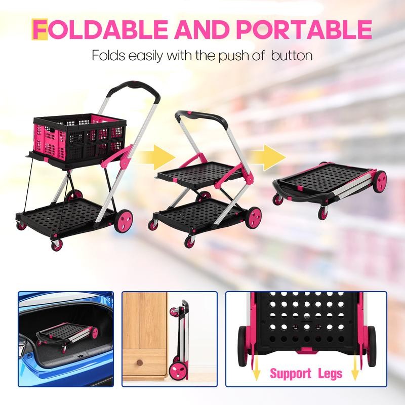 Foldable Utility Cart with Wheels,2 Layers Multifunctional Folding Cart for
