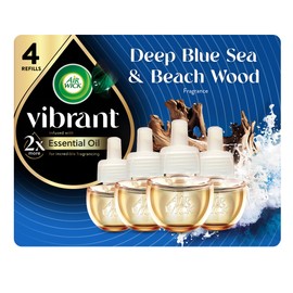 Air Wick Vibrant Scented Oils Plug In Scented Oil Refill, Infused with Essential Oils, Plug In Air Fresheners for Home, Blue Sea & Beach Wood, 4 ct