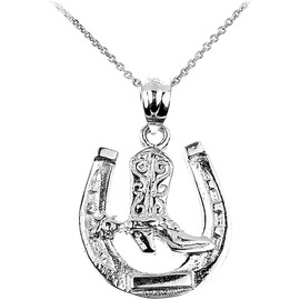 .925 Sterling Silver Lucky Horseshoe with Cowboy Boot Charm Pendant Necklace with Rolo Chain - 22"