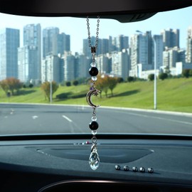 Pyotivol Car Rear View Mirror Accessories Witchy Car Hanging Ornament, Moon&Star Rearview Decor Charm Black Onyx Obsidian Crystal Beads Swinging Interior Decor for Women Men