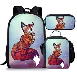 Beauty Collector Elementary School Backpack Set Fox Bookbag with Lunch Bags and Pencil Case for Kids Girls Boys Teens