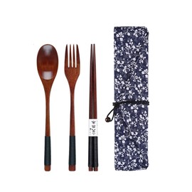 Wooden Flatware Wooden Fork and Spoon Chopsticks Reusable Tableware Cutlery Set Travel Utensils Tied Line Flatware, Eating Utensils with Pouch for Office Camping Traveling Picnic Office School