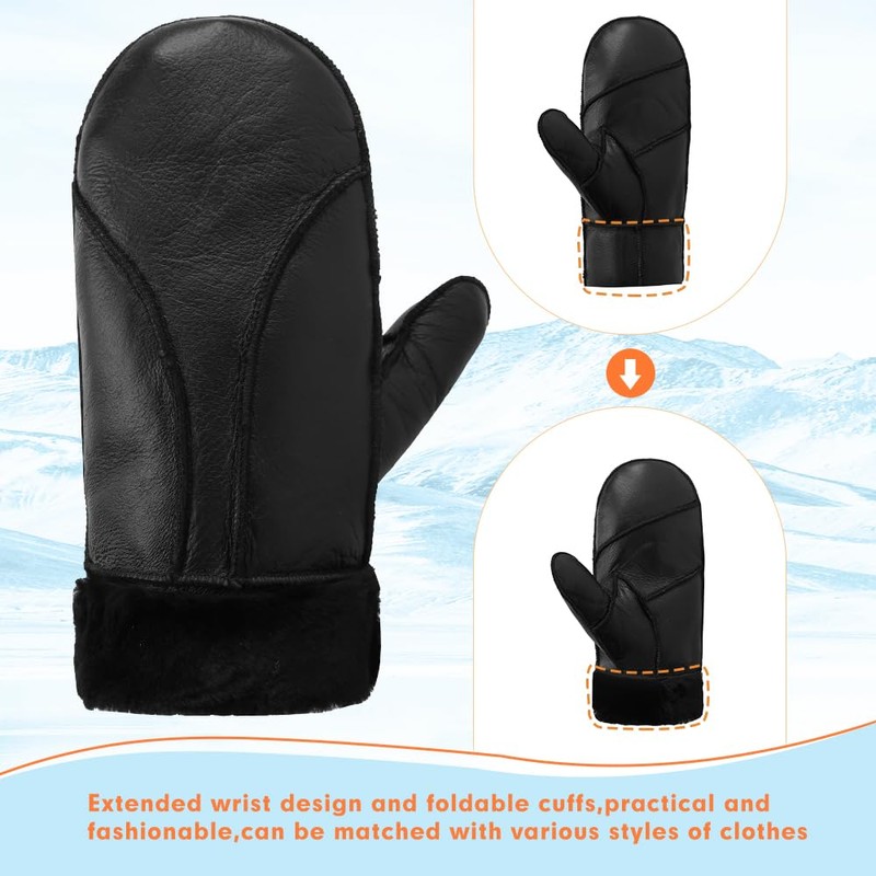 Men Winter Mittens Shearling Sheepskin Mittens Warm Fur Lined Mittens