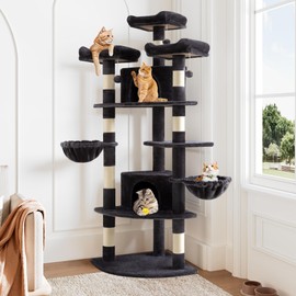 Allewie 73in Fan-Shaped Space-Saving Corner Cat Tower/Multi-Level Tall Cat Tree for Indoor Kitties/Cozy Baskets/Condos/House/Perches/Sisal Scratching Posts/Pet Activity Center/Dark Grey