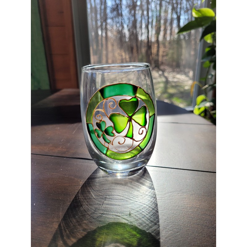 Lucky Green Shamrocks Hand Painted Stemless Wine Glasses Set of