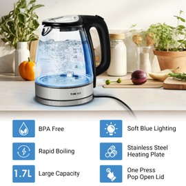 Tumidy Glass Electric Kettle,1.7L Hot Water Boiler 1500W Fast Boiling with Auto-Shutoff and Boil-Dry Protection,LED Lights,Comfy Touch Handle Wide Opening Cordless Tea Heater for making Tea Coffee