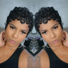 PurpleSexy Chic Elegent Pixie Cut Wigs Human Hair Short Layered Pixie Cut Human Hair Wigs For Black Women Glueless Short Curly wigs With Bangs For Daily Use Natural Black 1B Color Full Machine Made