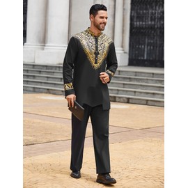Pacinoble Mens African 2 Piece Set Metallic Traditional Suit Floral Printed Mens African Dashiki Shirt and Pants Outfit
