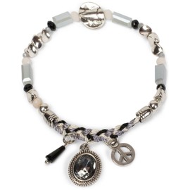 styleBREAKER beaded bracelet, charm pendant and braiding, Peace, gemstones, elastic, stretch bracelet, jewellery, ladies 05040142, Color Grey-Black