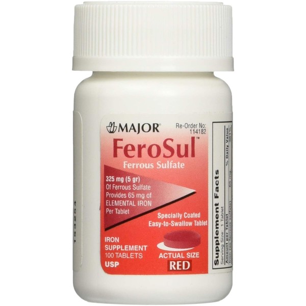 Major Ferosul Ferrous Sulfate-325 Mg (5gr), Iron Supplement, 100 Tablets Per Bottle (1 Pack)