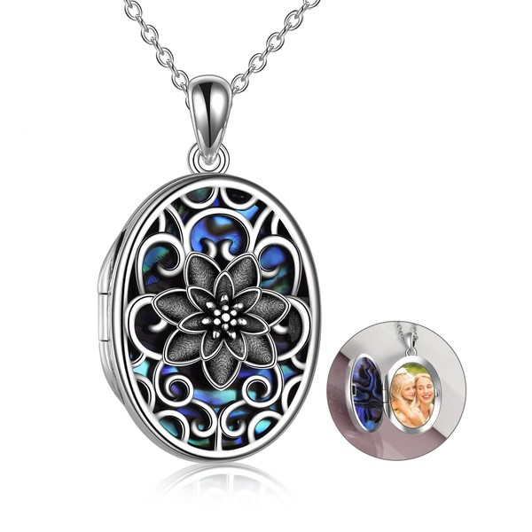 YAFEINI Lotus Locket Necklace Sterling Silver Lotus Flower Locket Necklace