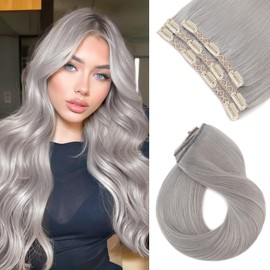 SEGO Clip in Hair Extensions Real Human Hair Seamless Hair Extensions Soft Silky Straight for Women Clip in 3PCS 11 Clips 10 Inch Grey 56g