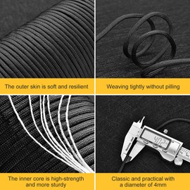 Gemtte Paracord 550 Nylon Rope 4 mm, 50 m Paracord Cord with 7 Strands Parachute Cord Tear-Resistant Cord Black Nylon Cord for Bracelet, Lead, Collar, Survival Paracord Max. 250 kg (550 lbs)