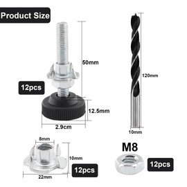 TOKSEO Pack of 12 Adjustable Furniture Feet, Adjustment Screw M8 x 50 mm Levelling Feet, Height Adjustable Feet with Drive-in Nuts, Lock Nuts and Metal Drills for Wooden Furniture Feet