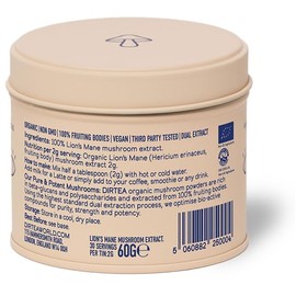 Etholux Dirtea Lion's Mane Oganic Mushroom Powder C Enhances Focus, Memory & Digestion. 60g Tin with 30 Servings and Serving Spoon. 100% Pure Lions Mane Powder for Wellness.