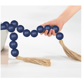 OMISHE Extra Large Wood Bead Garland in Navy Blue with 1.6" Diameter Wooden Beads and Tassels, 41" Long Rustic Farmhouse Country Decorative Beads for Home Wooden Decor, Navy Blue