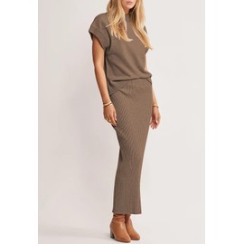 Pink Queen Women 2 Piece Skirt Set Casual Short Sleeve Knit Sweater Vest Top Pencil Midi Dress Vacation Outfits Khaki XL