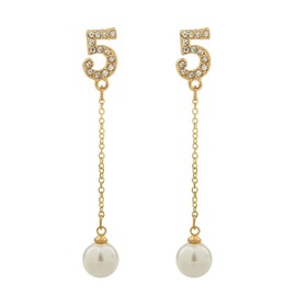 Fashion Design Faux Pearl Number Five Long Charm Dangle Drop Earrings Studs
