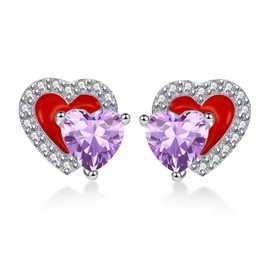 Qings June Birthstone Pearl Ear Studs 925 Sterling Silver Red Enamel Double Heart Moonstone CZ Dainty Love You Forever Birthdays Gifts for Girlfriend Daughter