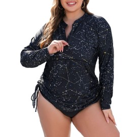 Halcurt Plus Size Rash Guard for Women UPF 50+ Zip Drawstring Ruched Pocket Top, Black/Galaxy, 3X