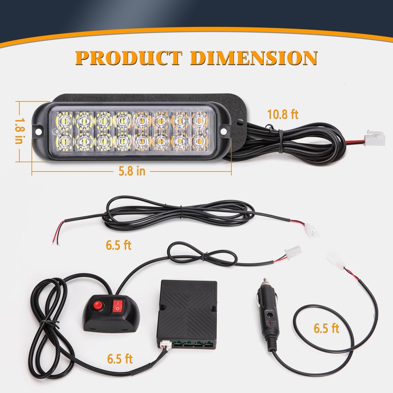 V-SEK Amber White LED Strobe Lights Kit - 8PCS 16-LED