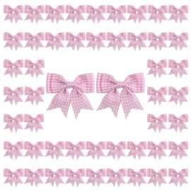 WANDIC 50 PCS Pink White Checkered Satin Ribbon Bows, Large Decorative Polyester Bowknot Pre-Tied Premade Bows for Treat Bags Wedding Favors Decor Gift Wrap DIY Craft