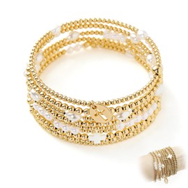 Gold Cross Beaded Bracelets for Women Set, Dainty Gold Plated & Pearl Stackable and Layered Bracelets with Polymer Clay Cross, Stretch Layered Bracelet Stack for Women Girls Trendy Boho Jewelry Gifts