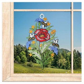 atelier alles-Spitze Air-Spike Window Picture Poppy with Bees | Embroidered Window Decoration Made of Vogtland Lace | W x H 16 x 27 cm