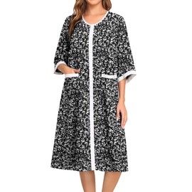SWOMOG House Dress for Women Snap Front Dusters for Women with Pockets 3/4 Sleeve Nightgown S-XXXL