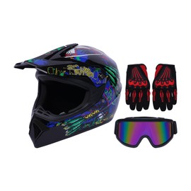 Helmet, Adult Motocross Dirt Bike Helmet Adjustable Sun Visor ATV Helmet DOT Certification Off-Road Motorcycle Helmets w/Goggle&Gloves for Riding Racing Cars, Motorcycles, Electric Bikes(Blue Black-L)
