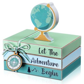 Pinkunn 4 Pcs Starfish Beach Tiered Tray Beach Wooden Book Decor Blue Wood Stacked Book Table Centerpiece for Summer Rustic Farmhouse Decorative with Tag for Home Living Room(Earth Travel)