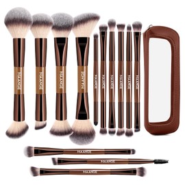 MAANGE Set Profesional de 13 Brochas para Maquillaje Doble Punta (26 Usos),Kit Brochas de Maquillaje Completo para Base Líquida/Polvo,Contorno,Corrector y Sombras de Ojos(Café)