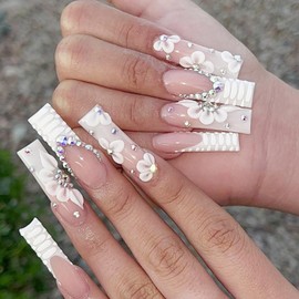 Press on Nails Long Length White Flower Design Square Fake Nails Artificial Acrylic Nails Glitter Rhinestones French False Nails Full Cover Reusable Coffin Nails Glue on Nails for Women 24Pcs