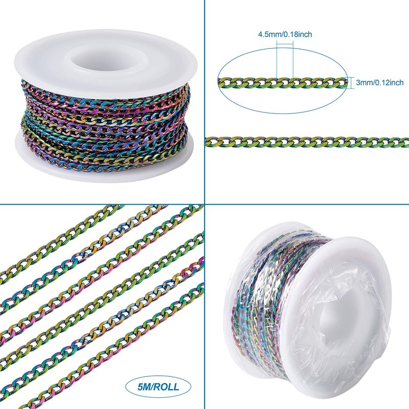 PandaHall 16FT/Roll 304 Stainless Steel Curb Chains Unwelded Colorful Twist
