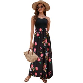 Sherosa Juniors Long Sundresses Maxi Dress for Women Dressy Summer (M, A-Black Floral)