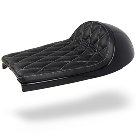 DKMOTORK 0399 Hump Motorcycle Retro Cafe Racer Seat with Diamond Pattern White Stitched（gloss black finish, subframe modification is required）