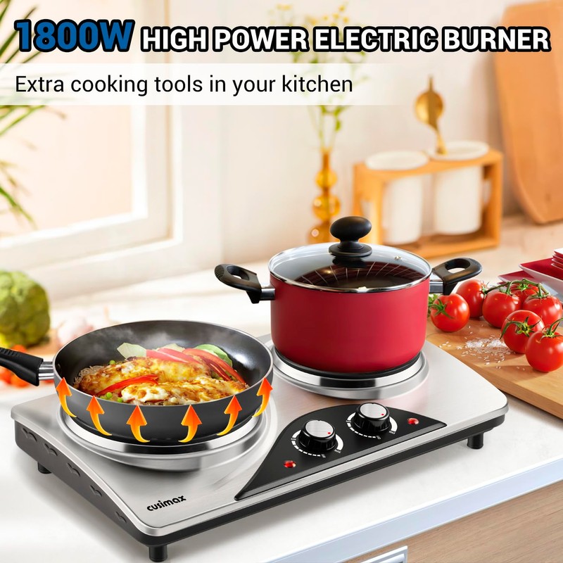 CUSIMAX Double Burners, 1800W Electric Hot Plate for Cooking Double