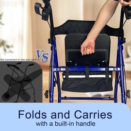 Foldable Rollator Walker with Seat for Seniors, All-Terrain Wheels, 350lb Capacity, Reinforced Inner Metal Rod for Easy Folding & One-Hand Carry, Lightweight Rolling Walker - Blue