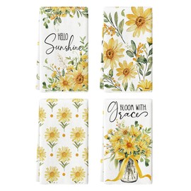 Artoid Mode Bottle Yellow Daisy Eucalyptus Spring Kitchen Towels Dish Towels, 18x26 Inch Farmhouse Flowers Decoration Hand Towels Set of 4