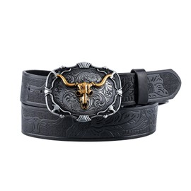 GENEMEN Western Cowboy Buckle Belt for Men Women Cowgirl Floral Engraved Embossed Leather Belt with Bull Buckle (Bullbone Black 110)