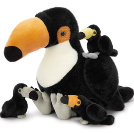 MorisMos 24" Giant Toco Toucan Stuffed Animal Mommy with 3 Baby Toucan Toys for Kid Girl Boy,Realistic Black Bird Plush with Baby Bird Toys Gift for Birthday,Tropical Rainforest Stuffed Animals Decor