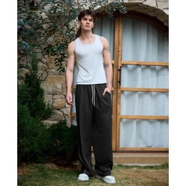 Susclude Mens Wide Leg Sweatpants Baggy Summer Track Pants Y2k Oversize Stretch Casual Pants Drawstring Trousers Black