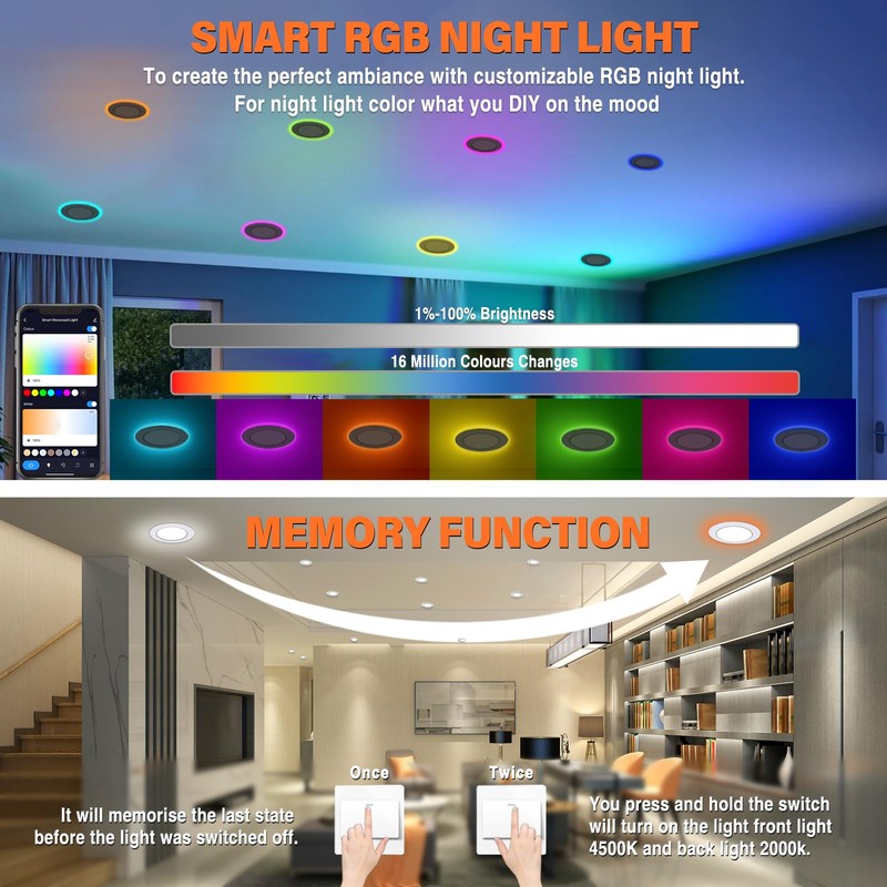 Dcvoltfield 6Pack Smart RGB Recessed Lighting 4Inch,Ultra-Thin Canless LED Downlight,2.4GHz