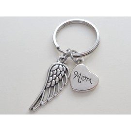 Mother Memorial Keychain, Wing Charm and Mom Heart Charm; My Guardian Angel Keychain